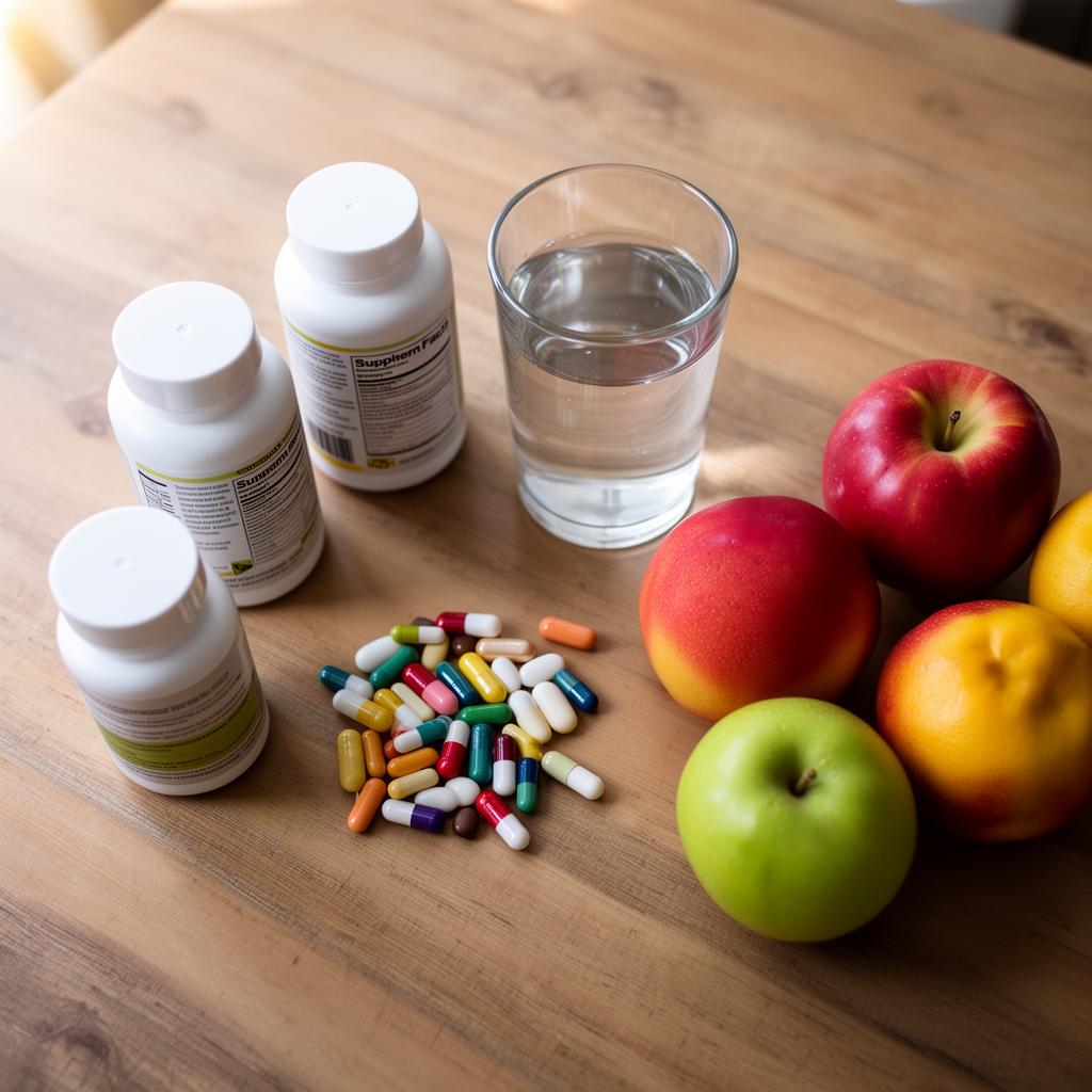Vitaminas e suplementos sobre mesa de madeira