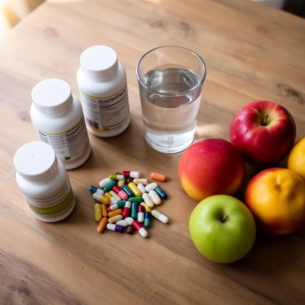 Vitaminas e suplementos sobre mesa de madeira